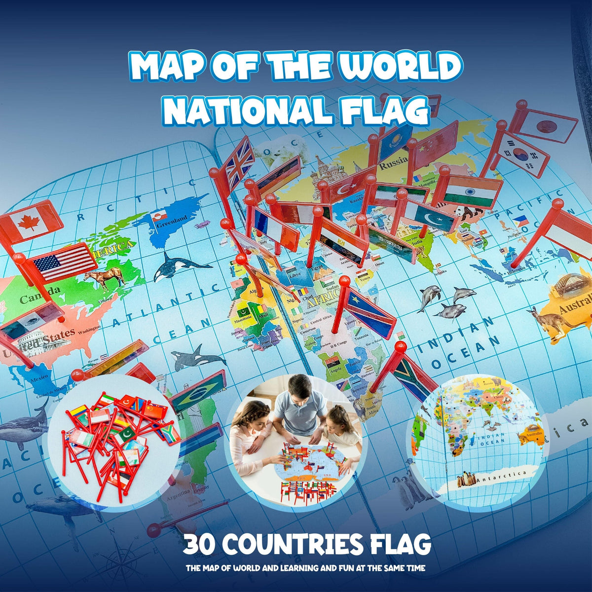 Wooden World Map With 30 Flags